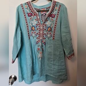 Johnny Was Aqua Floral Embroidered Tunic